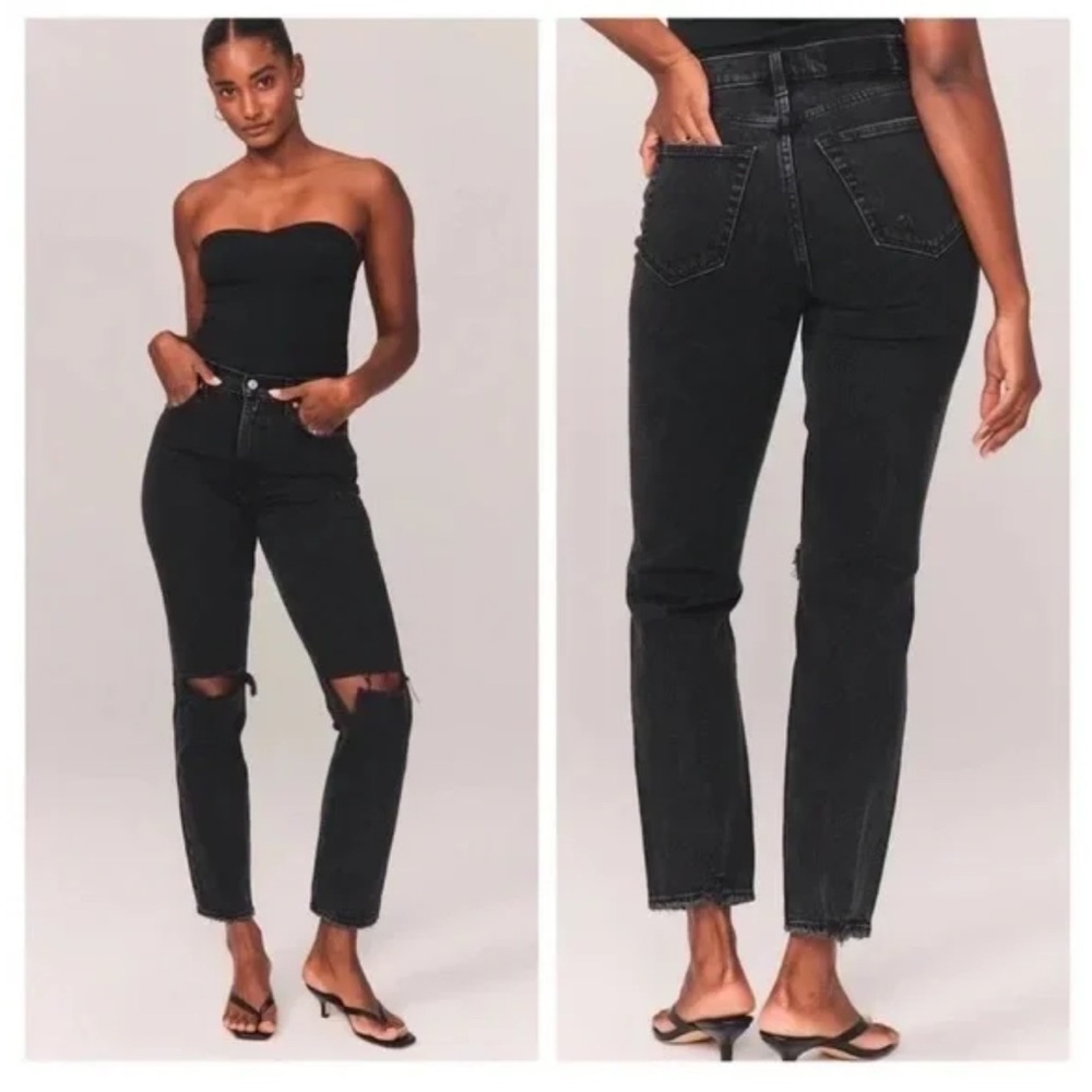 A&F The 90’s Straight Ultra High Rise Jean Black Destroy - 27